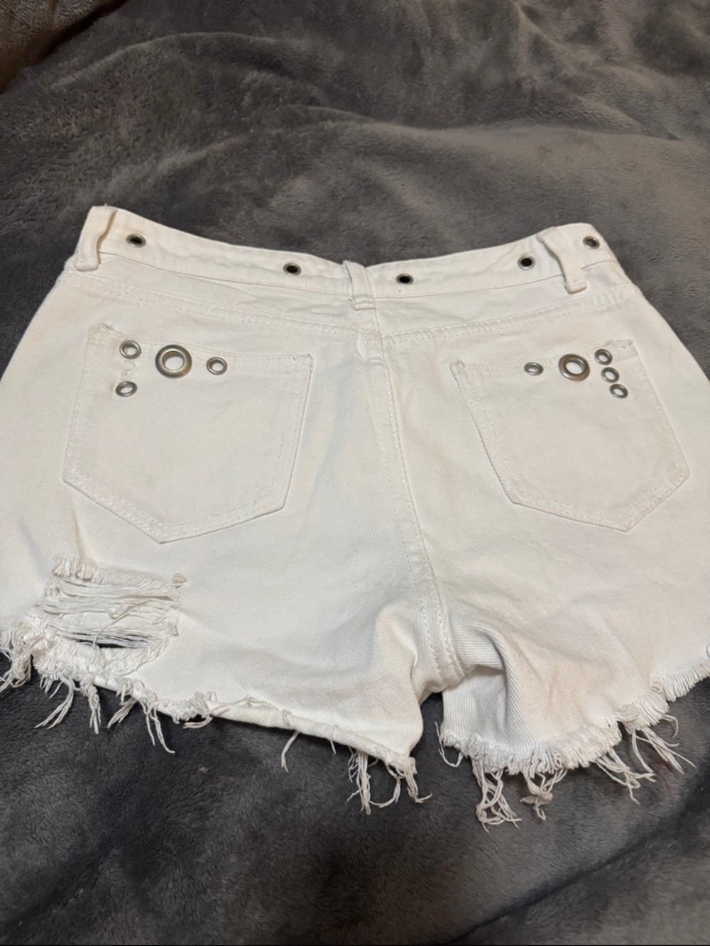 White Distressed Women's Denim Shorts with Grommet Detail